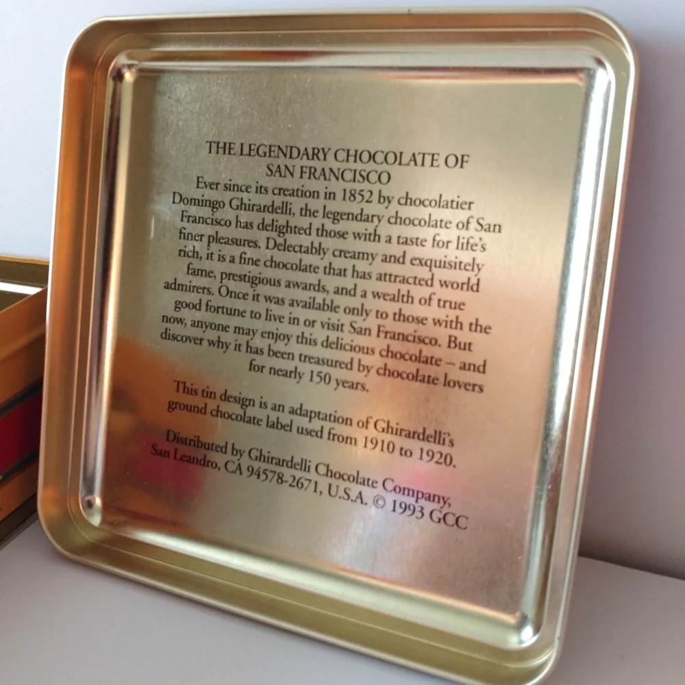 Vintage Ghirardelli's Chocolate Tin Square Gold Green Red 1993